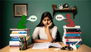 Student weighing Pros and Cons (Note: this image was generated by AI)